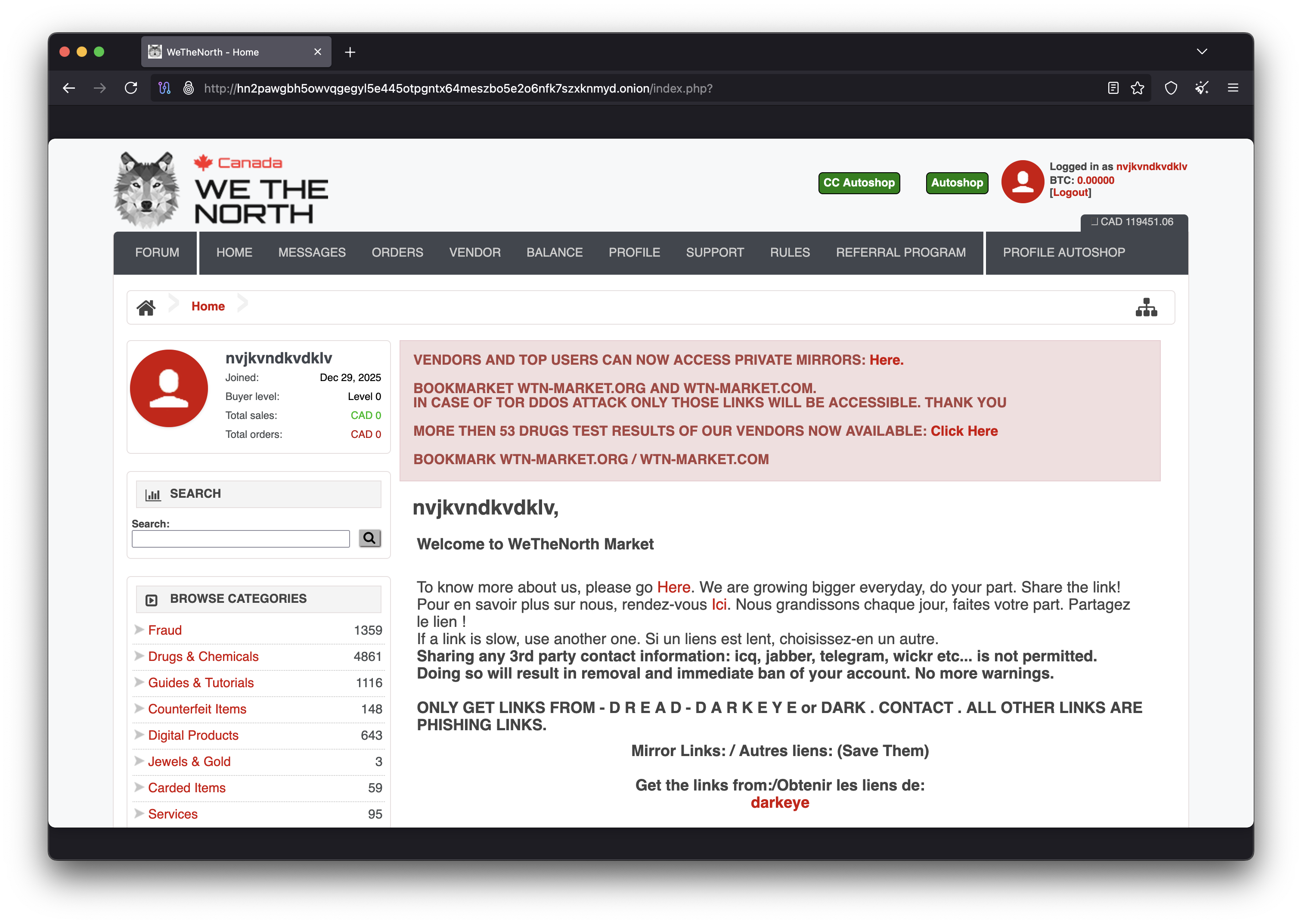 We The North Market main dashboard interface showing product categories and vendor listings 2026